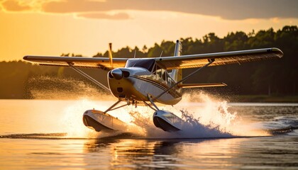Seaplane taking off on lake at sunset with travel adventure.
