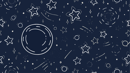 Illustration of a dark blue space scene with white outlined stars planets and shooting stars scattered around