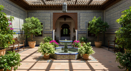 Fototapeta premium Beautiful courtyard with fountain and plants in a traditional andalusian house