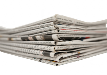 Stack of newspapers with headlines and articles, isolated on transparent background