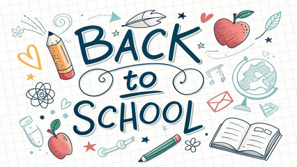Back to School Background Template with Hand Drawn Icons on Grid Paper Vector EPS 10