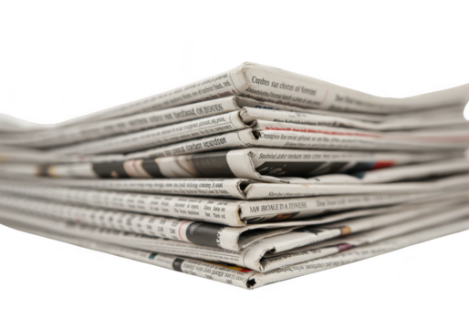 Stack of newspapers with headlines and articles, isolated on transparent background