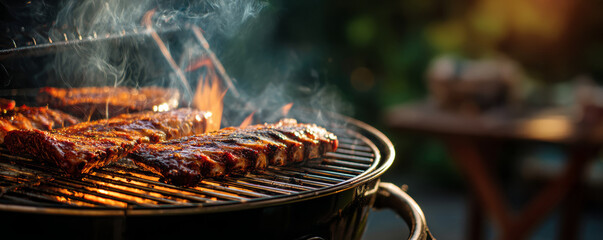 Grilled ribs barbecue smoke outdoor summer delicious meat flame picnic juicy cooked party dinner tasty backyard charcoal grill food lunch rustic