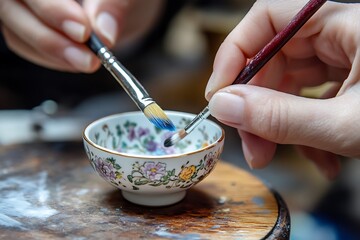•  Miniature painters with tiny brushes carefully painting floral patterns on a small white ceramic bowl set on a wooden turntable 