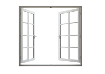 Open white window frame with glass panes, isolated on transparent background