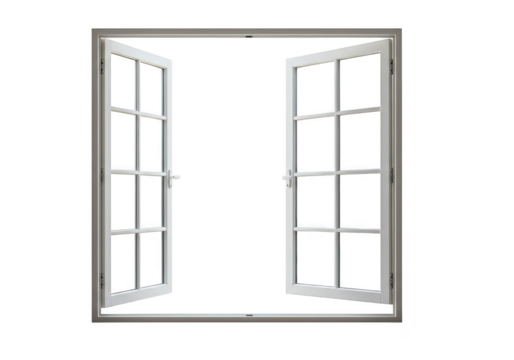 Open white window frame with glass panes, isolated on transparent background