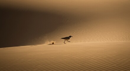 Spotted sandpiper swiftly moving across rippled dunescape in golden desert sunlight