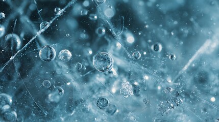 A close up of water bubbles in a blue liquid