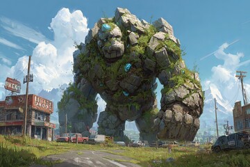 Golem of Crumbling City Rubble and Overgrown Moss: Enhanced Post-Apocalyptic Art
