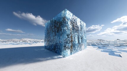 A large, icy cube structure stands in a vast, snowy landscape under a clear sky