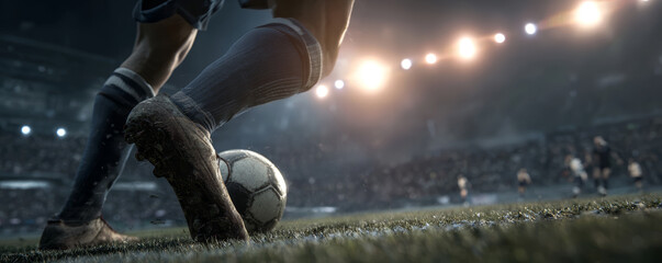 “Soccer player kicking ball on wet grass field under stadium lights, intense action, dynamic movement, competitive atmosphere”
