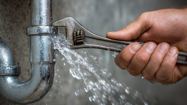 Plumber hand metal wrench leaking pipe water splash repair maintenance emergency fix closeup wet
