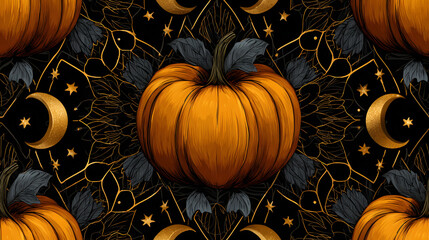 Vibrant 1920s inspired Halloween art design featuring intricate patterns of orange pumpkins against dark background with celestial elements