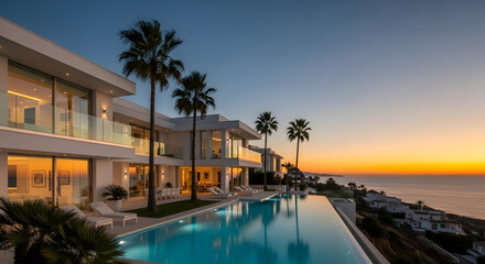 Fototapeta premium Luxury villa with infinity pool overlooking the ocean at sunset in marbella