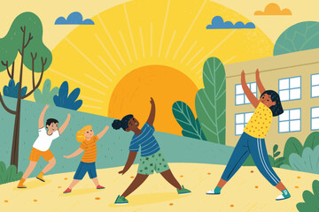 Obraz premium Cheerful children engaging in synchronized morning physical fitness activities outdoors at their school.