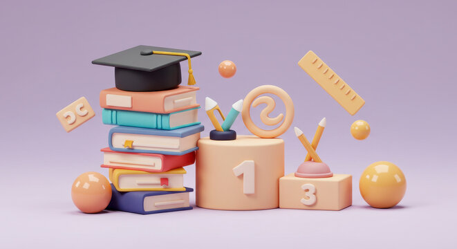 Educational Achievement Symbols Stacked with Study Tools and Prizes