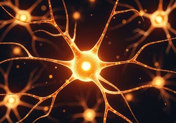 Close up of glowing orange neurons and neural network connections