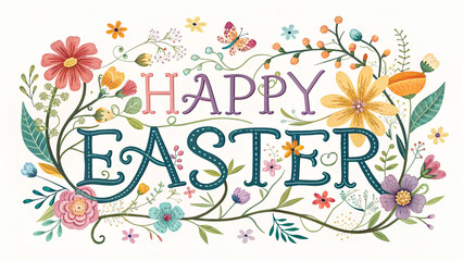 Happy Easter Greeting Card with Flowers and Eggs Vector Illustration