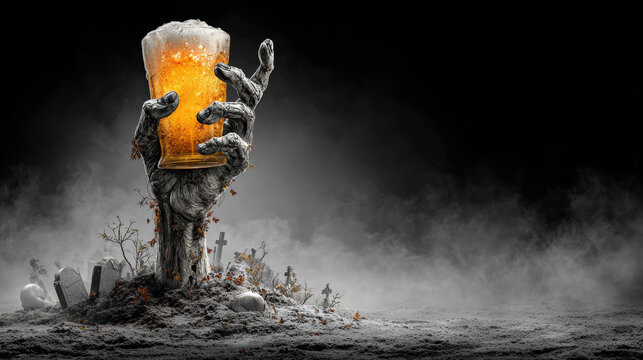 Zombie hand beer graveyard Halloween spooky mist tombstone autumn surreal eerie zombie hand rises from misty graveyard clutching frothy beer