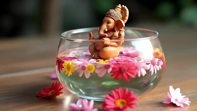 A small clay Ganesha idol immersed in a glass bowl of clear water with floating flowers, symbolizing eco-friendly visarjan at home.