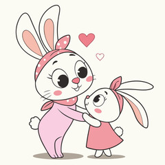 Two cartoon bunnies hugging with hearts bunny rabbit