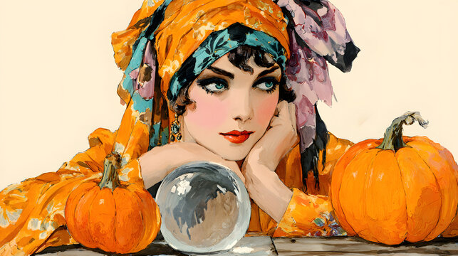 1920s art captures beautiful woman in vibrant orange attire surrounded by pumpkins, evoking whimsical Halloween spirit