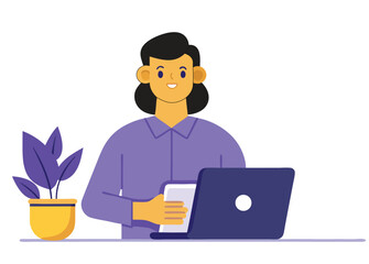 Woman working on laptop with potted plant computer