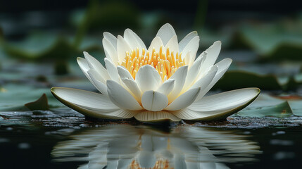 In a serene pond, a pristine white lotus flower, adorned with golden petals, emerged from the murky depths, a testament to the power of generative art and the beauty of nature's intricate creations 
