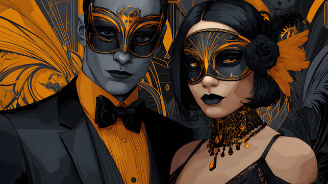 Elegant masks adorn couple in striking 1920s Halloween art style, showcasing intricate designs and captivating color palette