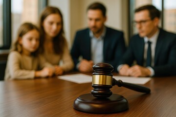 Family legal consultation with lawyer, gavel in focus. Divorce, child custody, property division, and family law mediation.