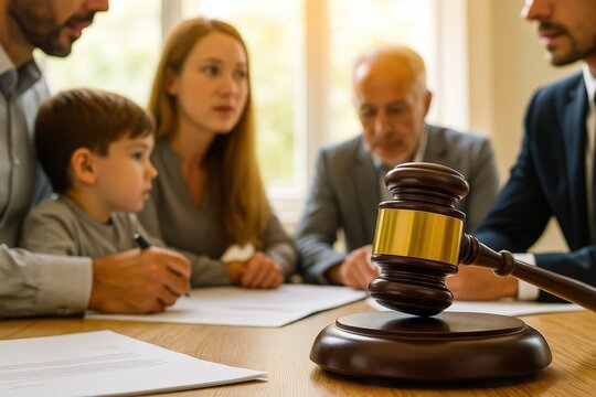 Family legal consultation with lawyer, gavel in focus. Divorce, child custody, property division, and family law mediation.