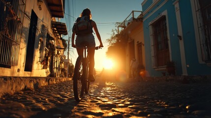 Fototapeta premium Woman cycling through colorful cobblestone street at golden hour, urban sunset ride with backpack and long shadows