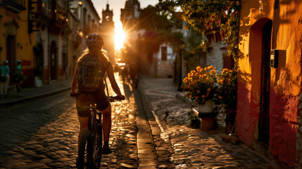 Fototapeta premium Woman cycling through colorful cobblestone street at golden hour, urban sunset ride with backpack and long shadows