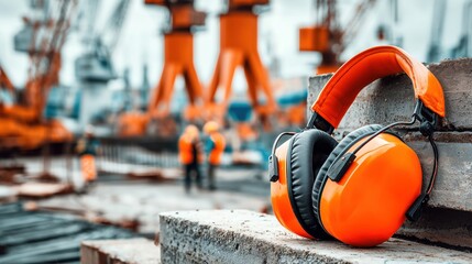 Bright orange protective earmuffs on concrete at construction site with heavy machinery and workers in blurred background, symbolizing hearing safety.