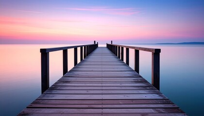 Obraz premium Wooden Pier at Sunset Serene Waterfront View with Calm Sky.