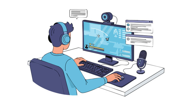 Immersive gaming experience illustration of a young man live streaming his gameplay with microphone and webcam setting on a table - Powered by Adobe