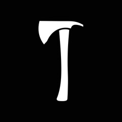 Sharp axe vector icon on black backdrop, suitable for camping gear graphics, hunting themes, survival badges, and outdoor adventure logos.