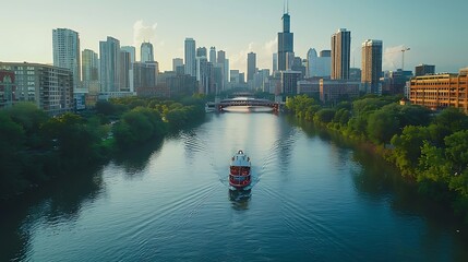 Riverboat cruising Chicago's cityscape at sunrise skyscrapers bridges and lush green banks