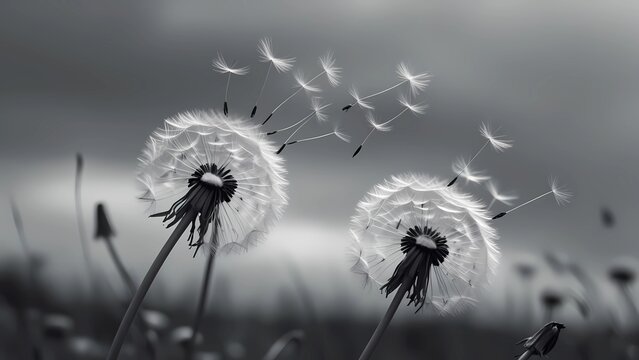 Lonely dandelion with flying seeds in the wind. Symbol of sadness, grief, solitude and fleeting life. Poetic and emotional nature background for loss, mourning and farewell themes