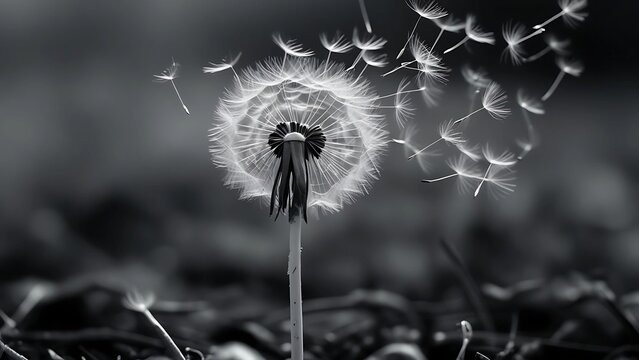 Lonely dandelion with flying seeds in the wind. Symbol of sadness, grief, solitude and fleeting life. Poetic and emotional nature background for loss, mourning and farewell themes