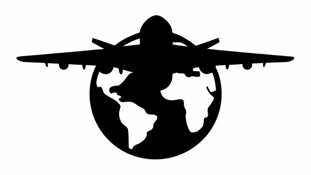 Airplane silhouette flying over a world globe showing continents in a simple black and white vector design