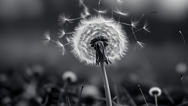 Lonely dandelion with flying seeds in the wind. Symbol of sadness, grief, solitude and fleeting life. Poetic and emotional nature background for loss, mourning and farewell themes