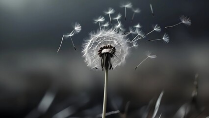 Lonely dandelion with flying seeds in the wind. Symbol of sadness, grief, solitude and fleeting life. Poetic and emotional nature background for loss, mourning and farewell themes