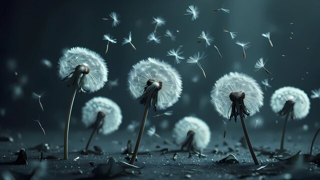 Lonely dandelion with flying seeds in the wind. Symbol of sadness, grief, solitude and fleeting life. Poetic and emotional nature background for loss, mourning and farewell themes