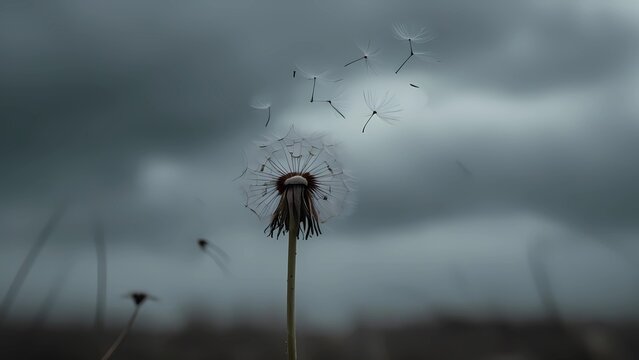 Lonely dandelion with flying seeds in the wind. Symbol of sadness, grief, solitude and fleeting life. Poetic and emotional nature background for loss, mourning and farewell themes