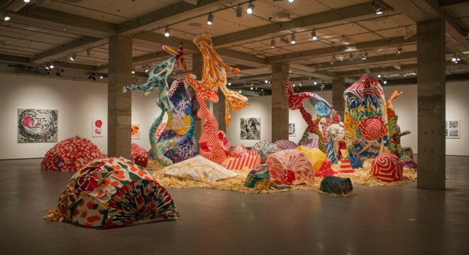 Surreal textile installation evokes whimsical landscapes inside a modern art gallery