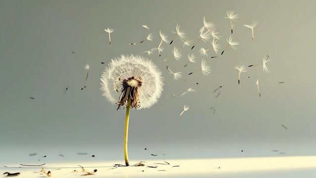 Lonely dandelion with flying seeds in the wind. Symbol of sadness, grief, solitude and fleeting life. Poetic and emotional nature background for loss, mourning and farewell themes