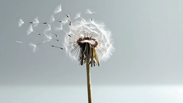 Lonely dandelion with flying seeds in the wind. Symbol of sadness, grief, solitude and fleeting life. Poetic and emotional nature background for loss, mourning and farewell themes