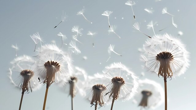 Lonely dandelion with flying seeds in the wind. Symbol of sadness, grief, solitude and fleeting life. Poetic and emotional nature background for loss, mourning and farewell themes