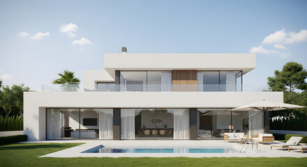 Modern villa with pool and garden on a sunny day with blue sky
